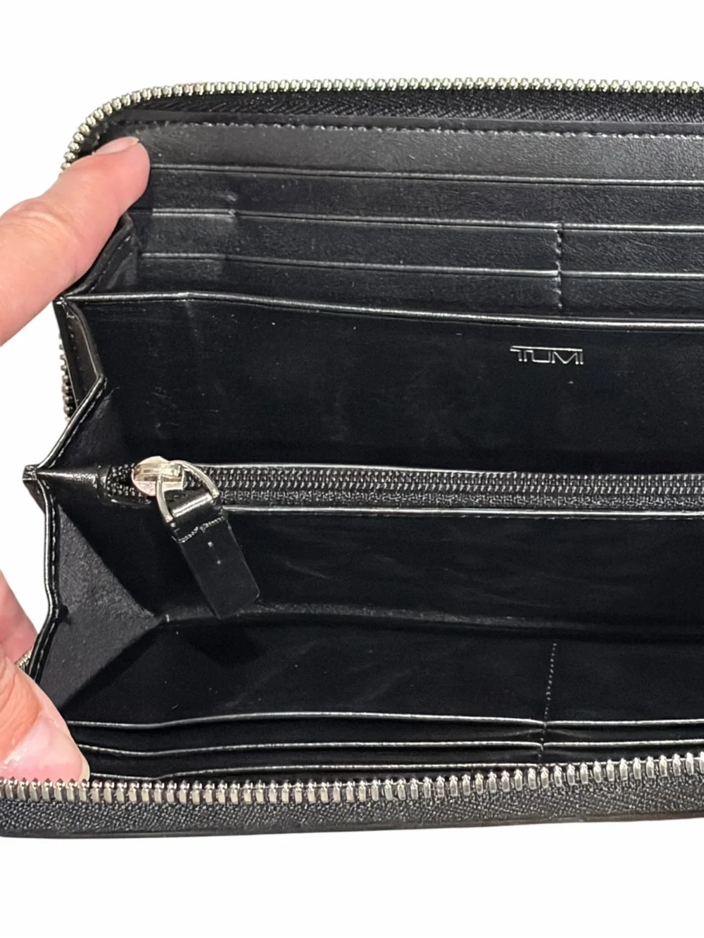 TUMI Black Leather Zip Around Continental Wallet
